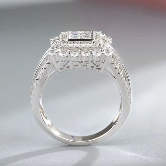 18k White Gold Diamond Ring Pave Diamond Princess Cut Ring - Picture 9 of 10